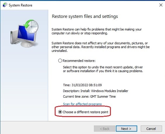 Choose a Different System Restore Point