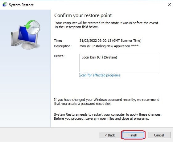 System Restore Finish