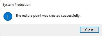 The Restore Point was created Successfully