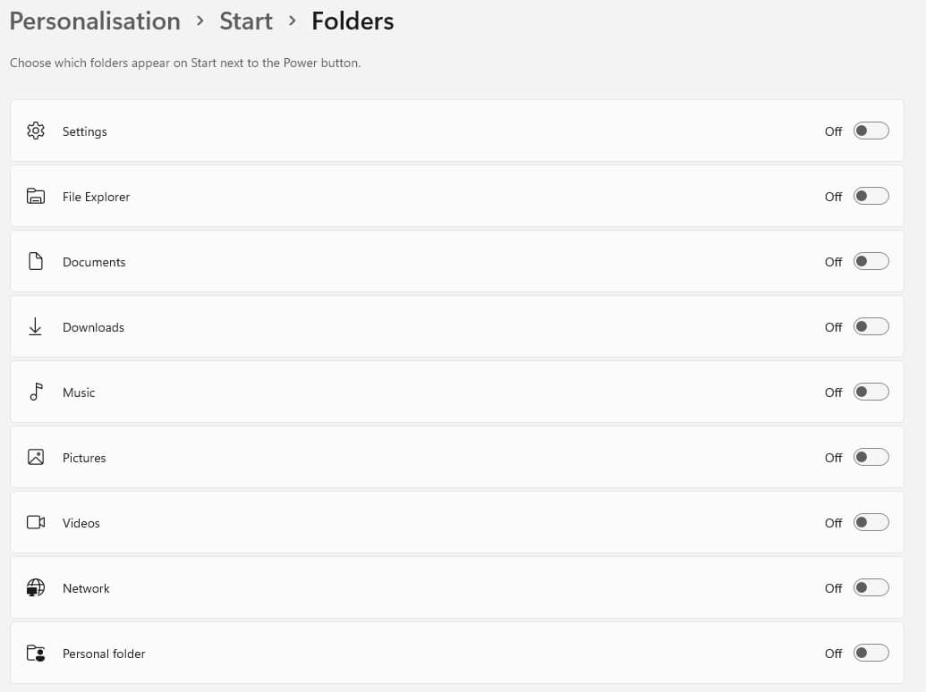 Personalisation Start Folders