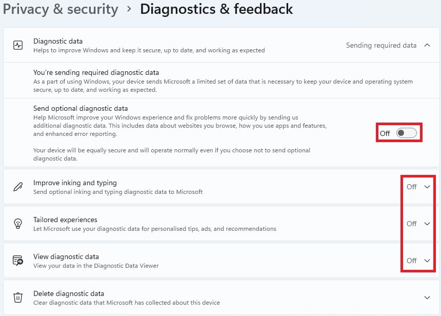 Privacy and Security- Diagnostics & Feedback