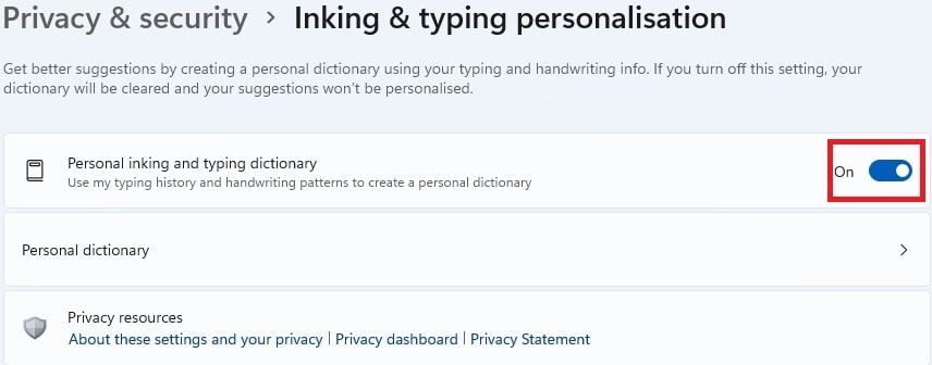 Privacy and Security- Inking & Typing Personaisation