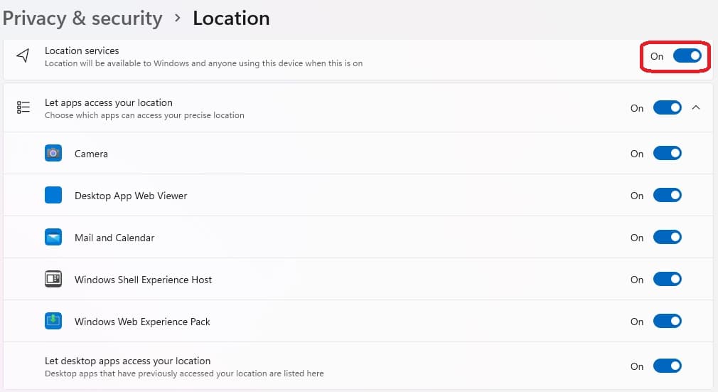 Privacy and Security- Location Settings Deselect Globally