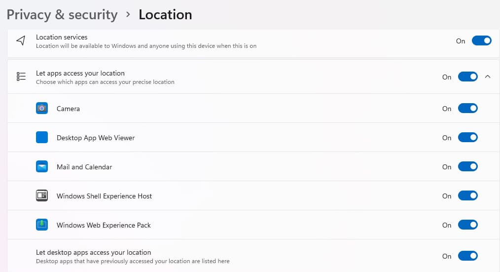 Privacy and Security- Location Settings