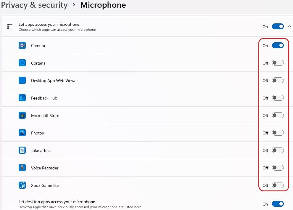 Privacy and Security- Microphone Settings Individually