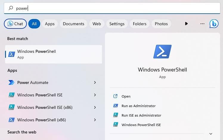 Searching for Powershell in the Windows Search Menu