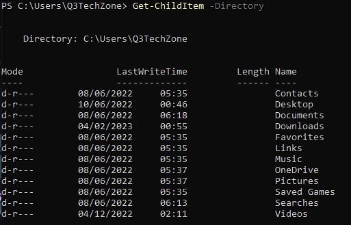 Using the getchilditem -directory command to list the content of the folder 