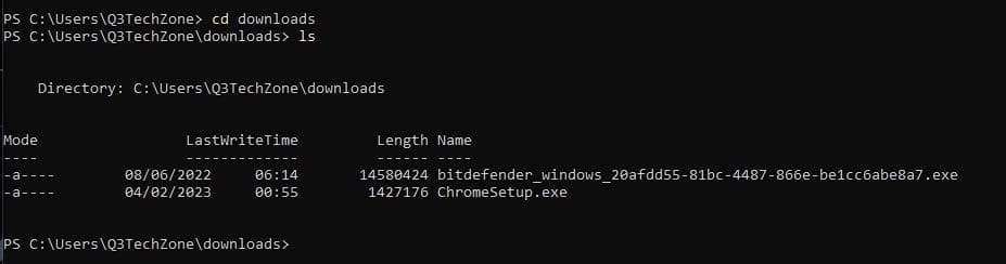 Using the DIR con=mmand in Powershell to list the content of the folder 