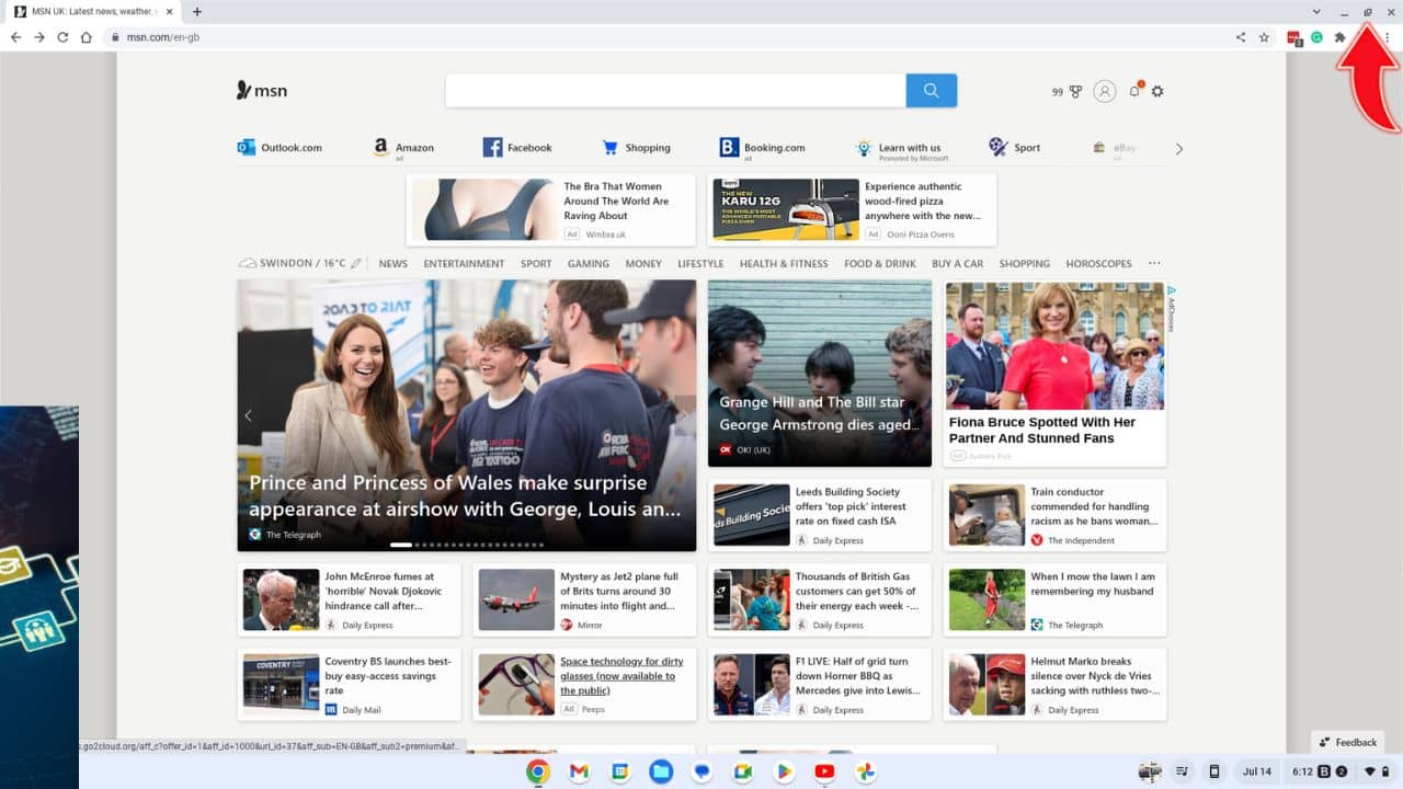 Screenshot of the chrome browser on the MSN UK page with an arrow pointing to the maximise and Minimise button 