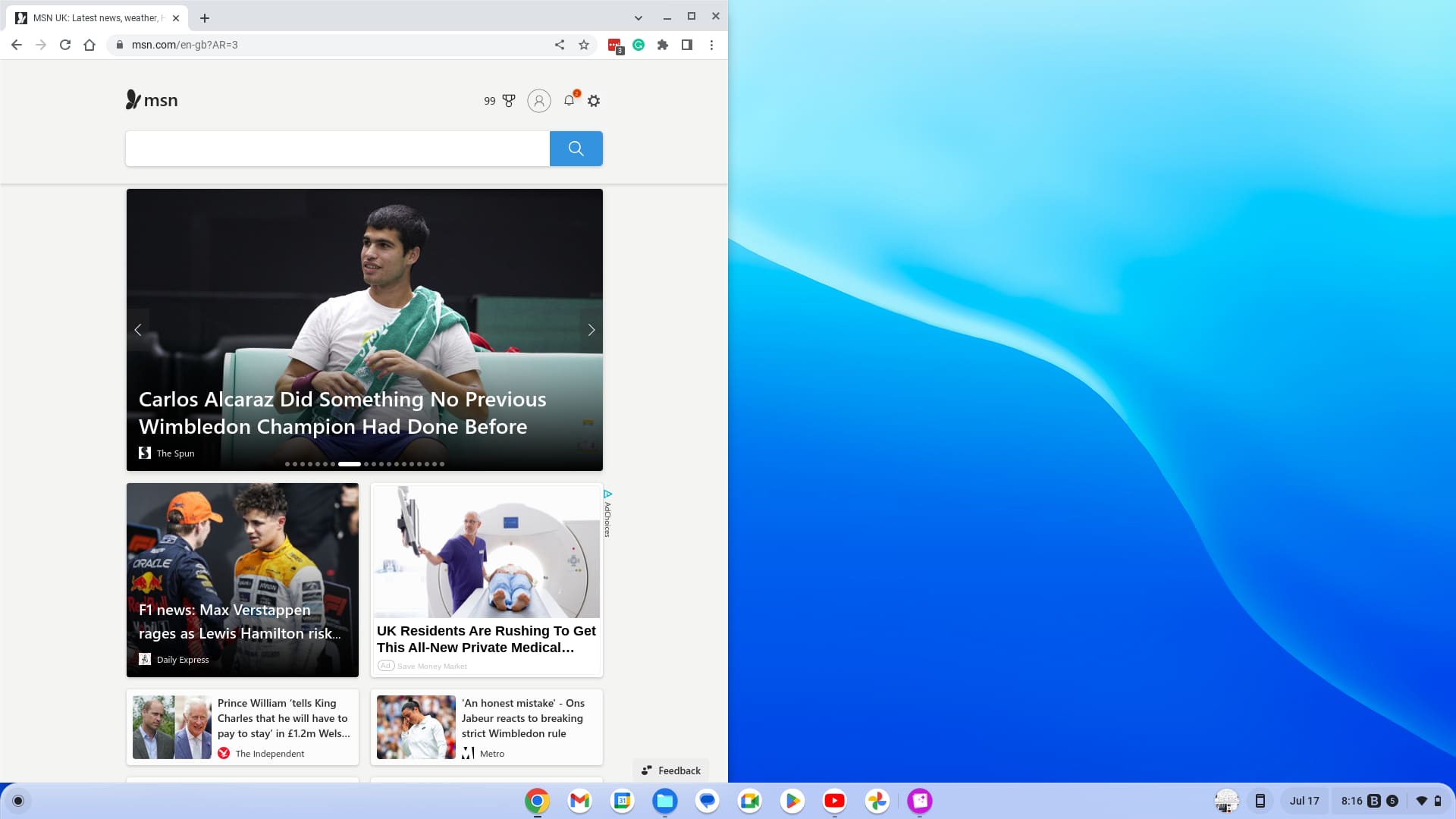 Split Screen - show the chrome browser on the left side of the screen using the ALT +[