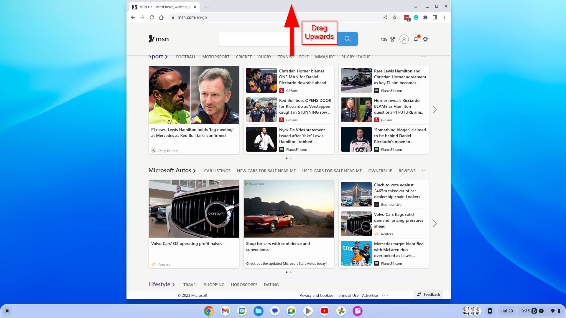 Chrome Browser Dragged  to the middle upper part of the of the screen 