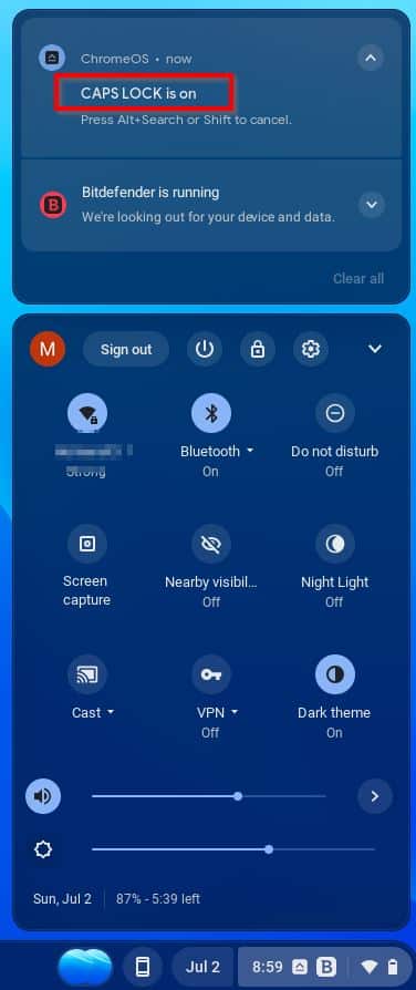 A screen shot of the notification bar showing the CAPS lock is on 
