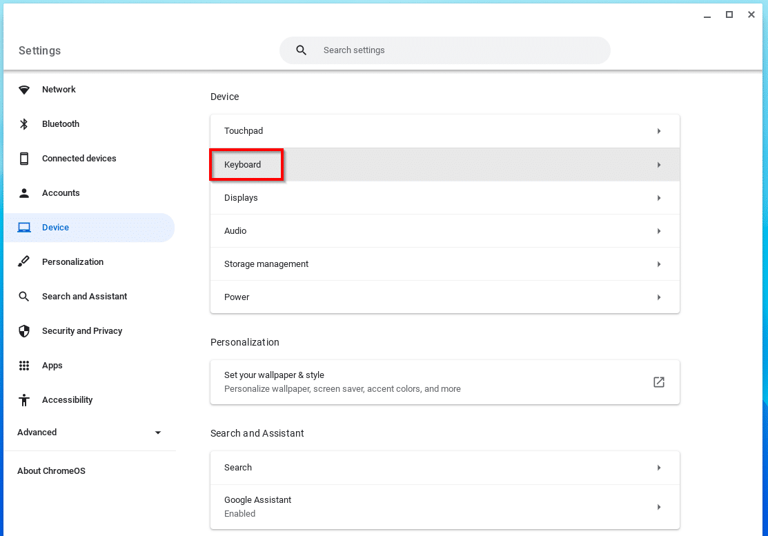 Chromebook settings menu with the keyboard option selected 