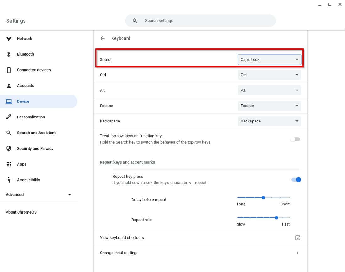 ChromeBook settings menu under the keyboard showing the options to amend the search button to CAP lock
