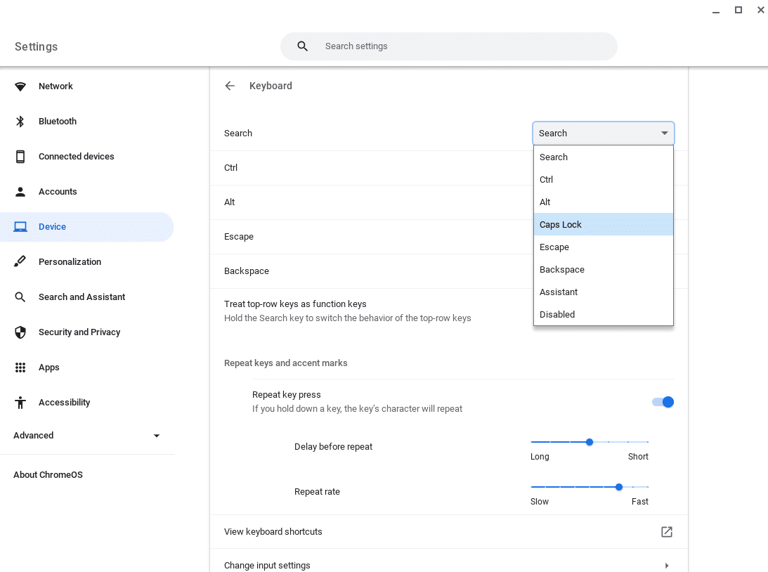 Chromebook Settings menu under Keyboard option for the Search button options 