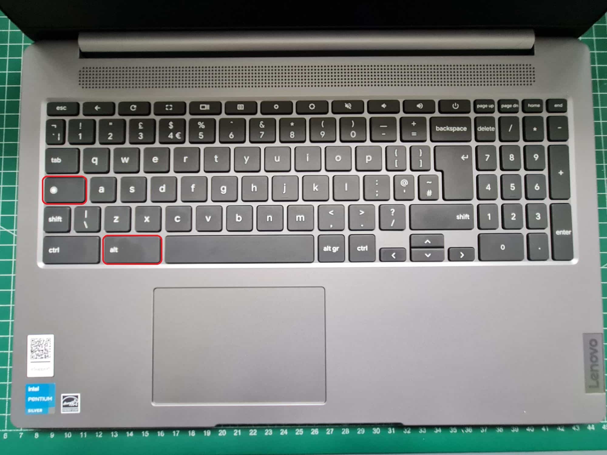 Picture of Chromebook keyboard highlighting the ALT and Search Keys  