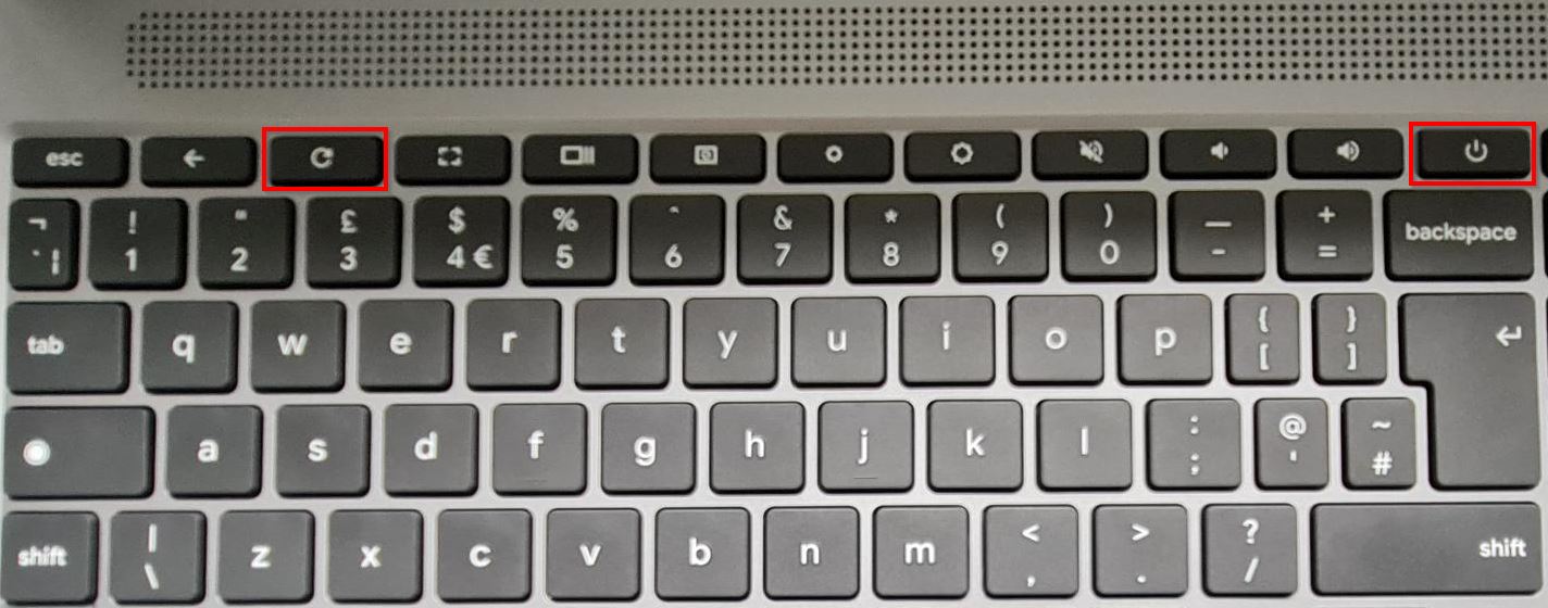 Chromebook Keyboard with the Refresh and Power Button highlighted