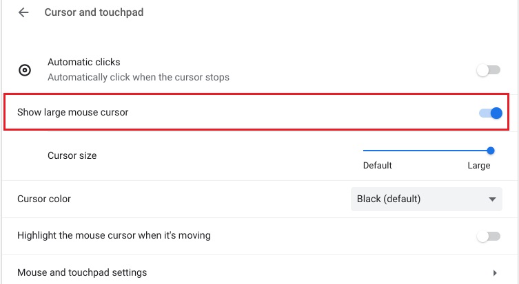 Show Large Mouse Cursor in the Chromebook Settings
