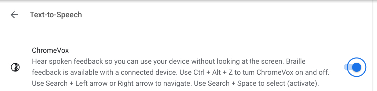Enabling ChromeVOX in the Chromebook Settings