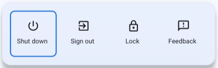 Power Menu on the Chromebook after you press the power button displaying Shutdown/Restart/Lock options
