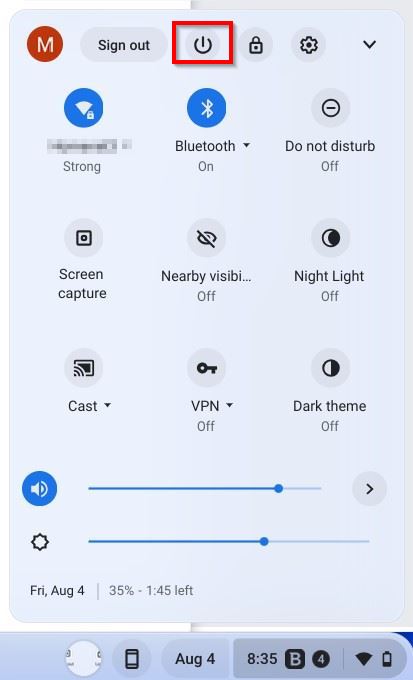 Chromebook System Settings Menu With the Power Button Highlighted.