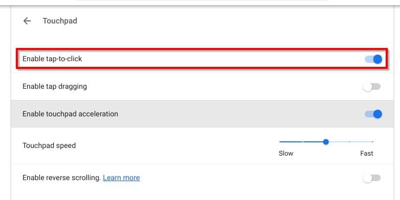 Image showing the Chromebook options to enable tap-to Click in the Settings
