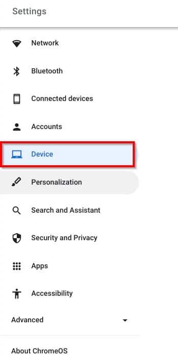 Image showing the Chromebook device settings 