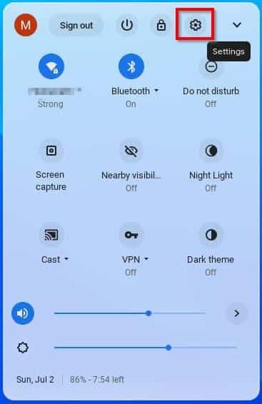 Chromebook Settings Menu show the Gear Icon Hightligted