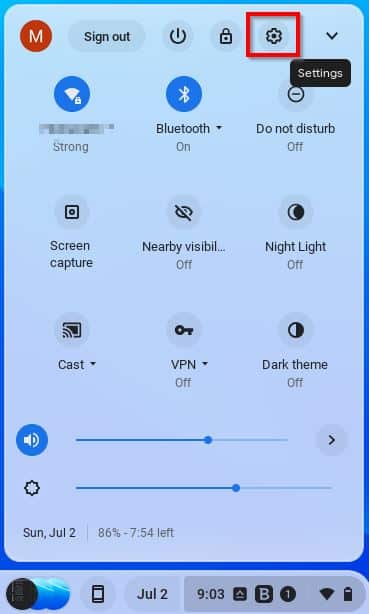 In the Chromebook with the gear icon at the top highlighted to access the settings menu