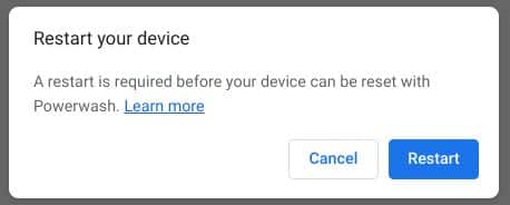 Dialog box display the option to restart your device so that it can be restored to factory defaults 