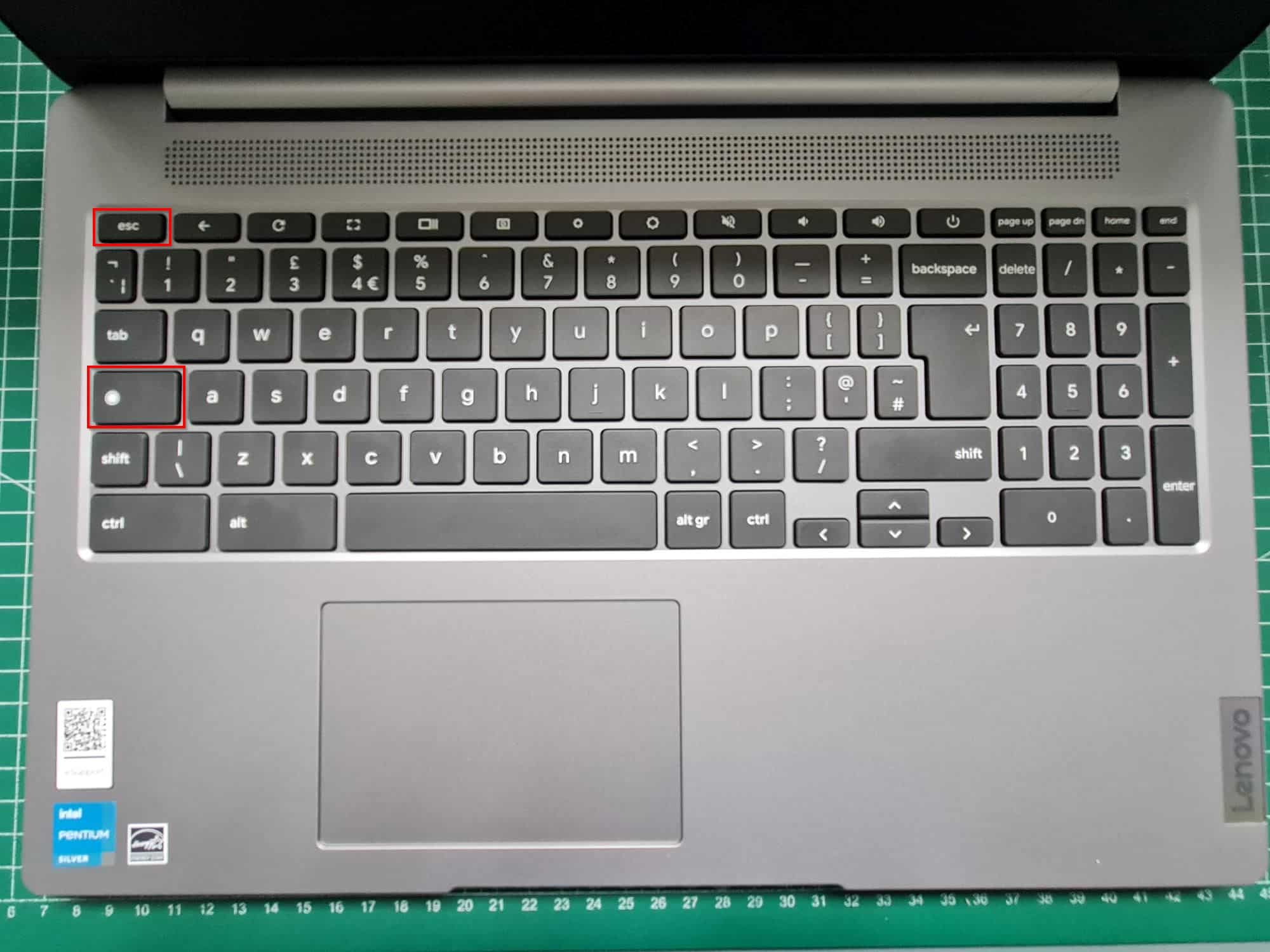 Picture of Chromebook keyboard highlighting    the Search and ESC Keyboard shortcut